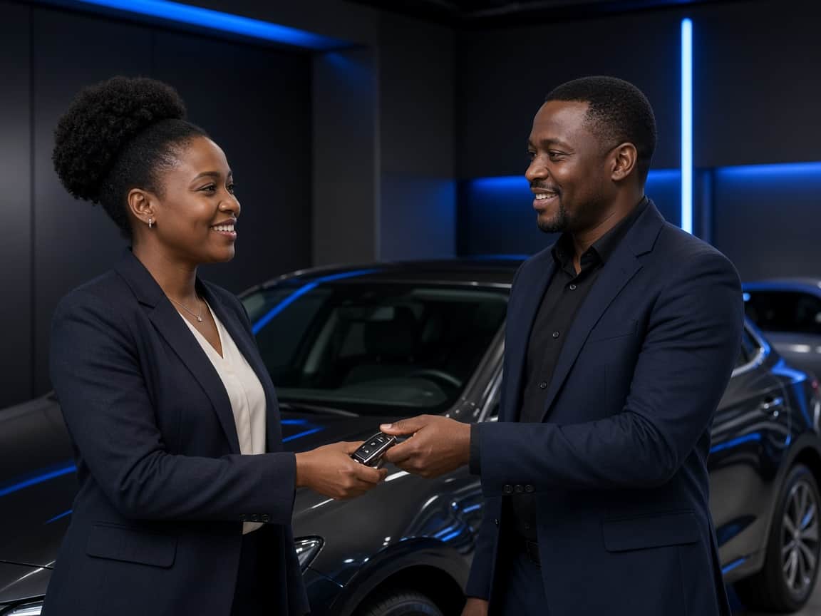 Customer receiving car keys in the showroom