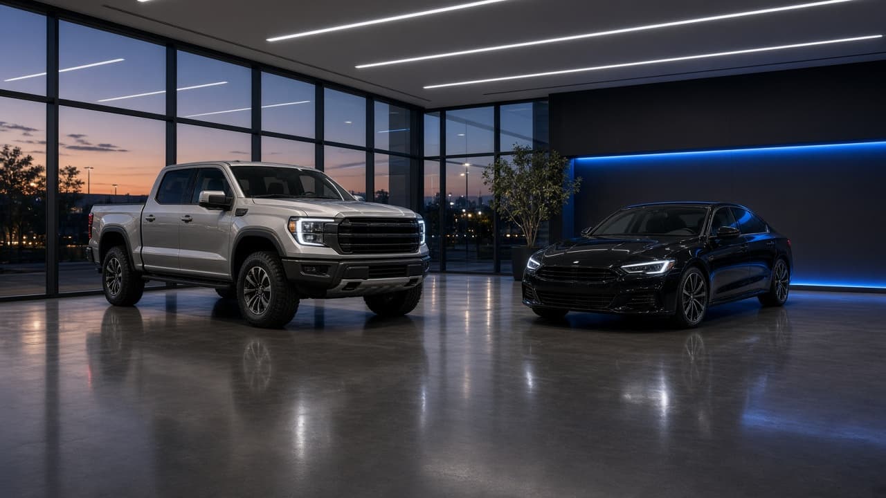 PrimeDrive Motors showroom with premium vehicles under cool lighting