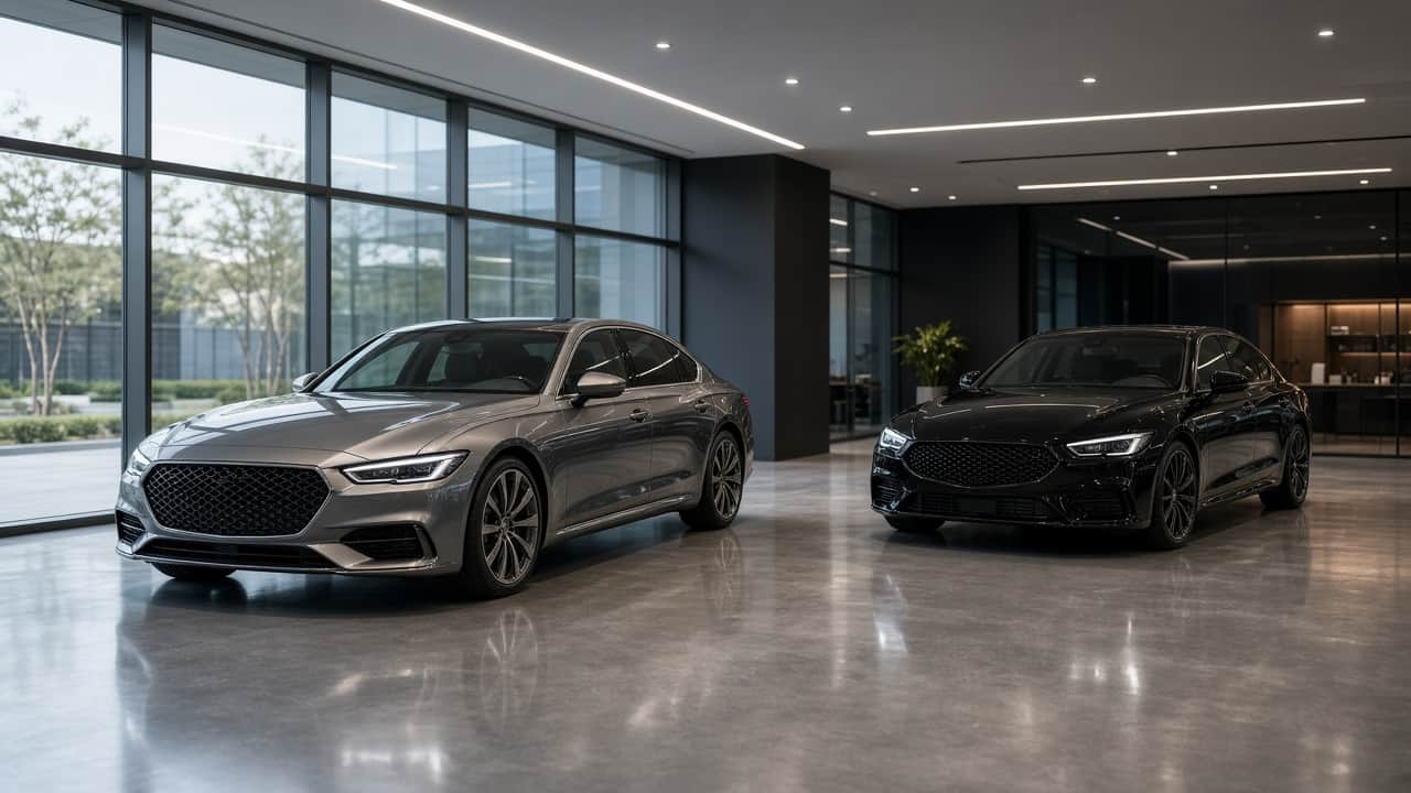 Premium car showroom with two luxury sedans