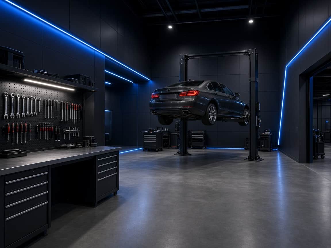 Dealership workshop with a vehicle on a lift