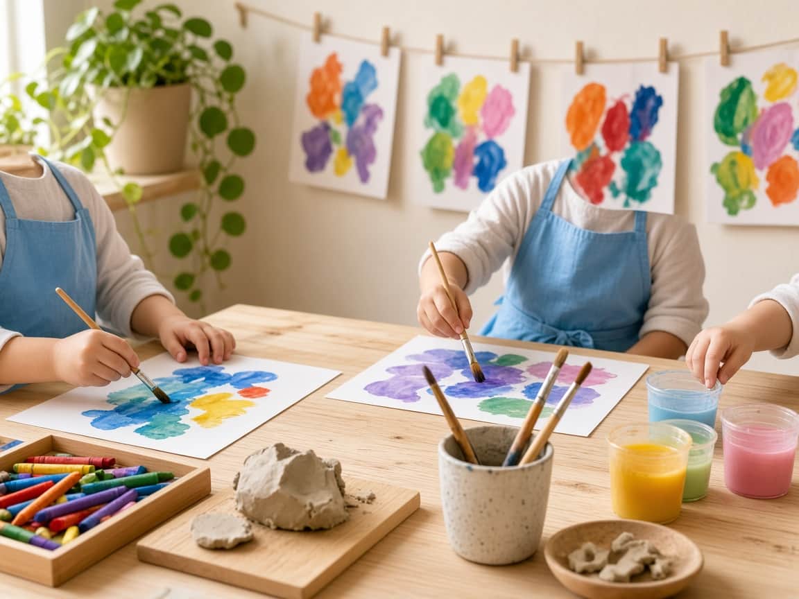 Children painting at a preschool art table