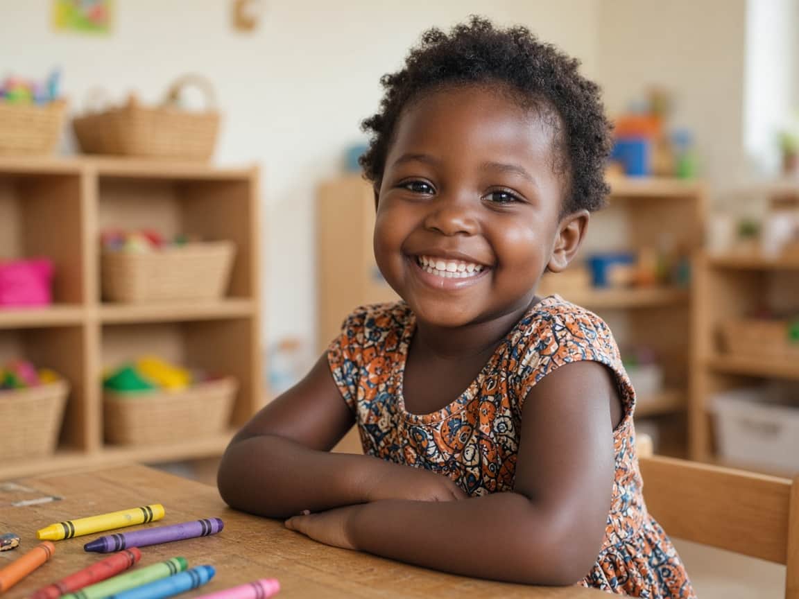 Preschool girl drawing with crayons