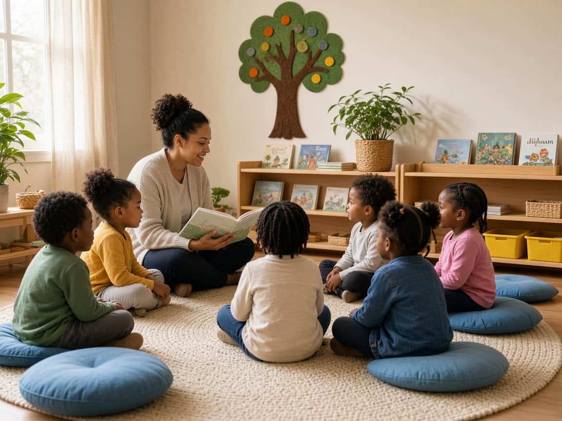 Teacher reading a picture book during preschool circle time