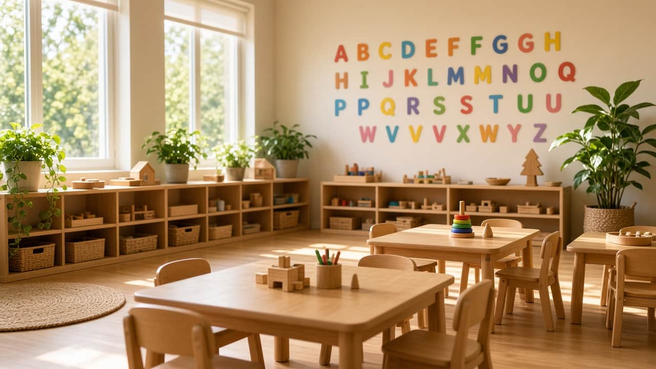 Bright preschool classroom with wooden tables and alphabet wall
