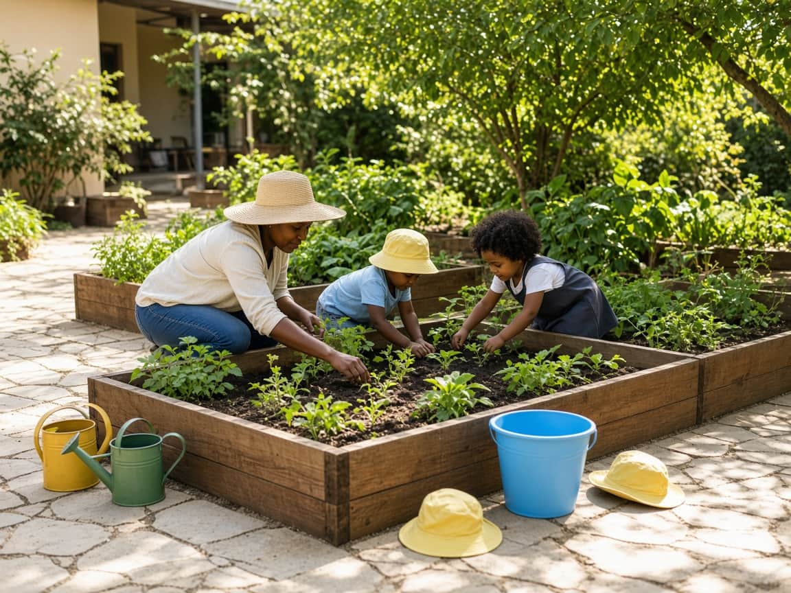 Teacher and children planting seedlings in raised garden beds