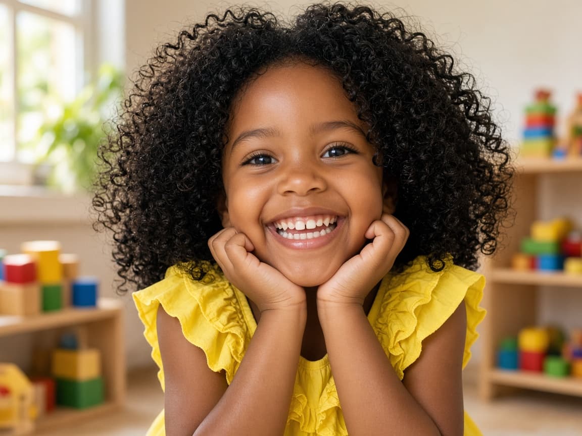 Smiling preschool girl in a bright classroom