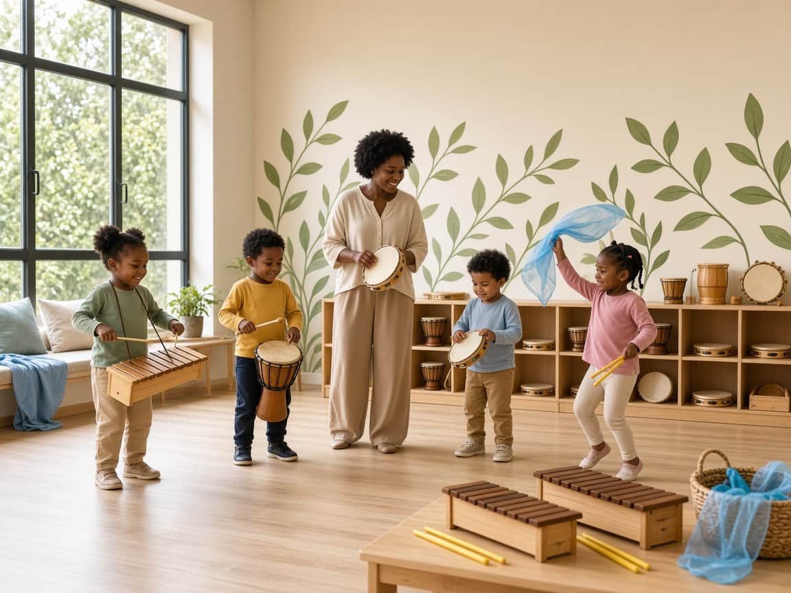 Children playing instruments in a preschool music room