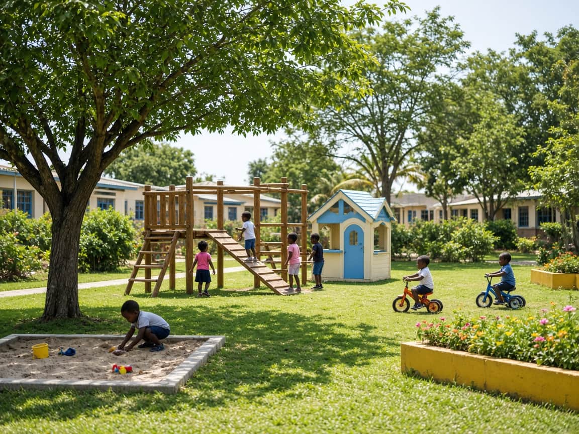 Children playing in a shaded preschool garden