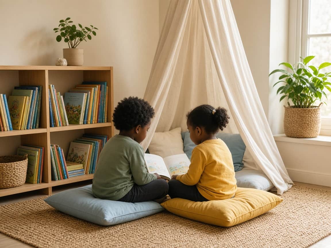 Two children sharing a book in a preschool reading nook
