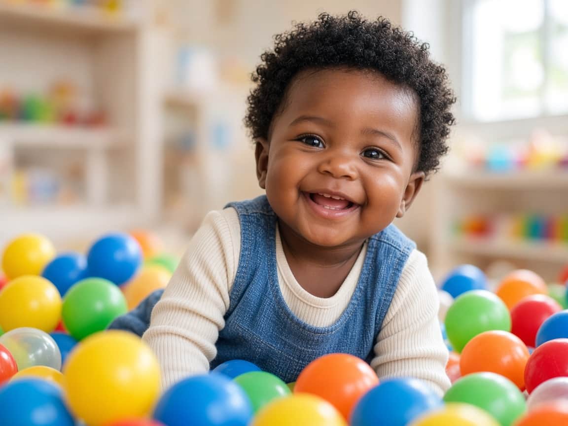 Toddler playing with colourful balls at preschool