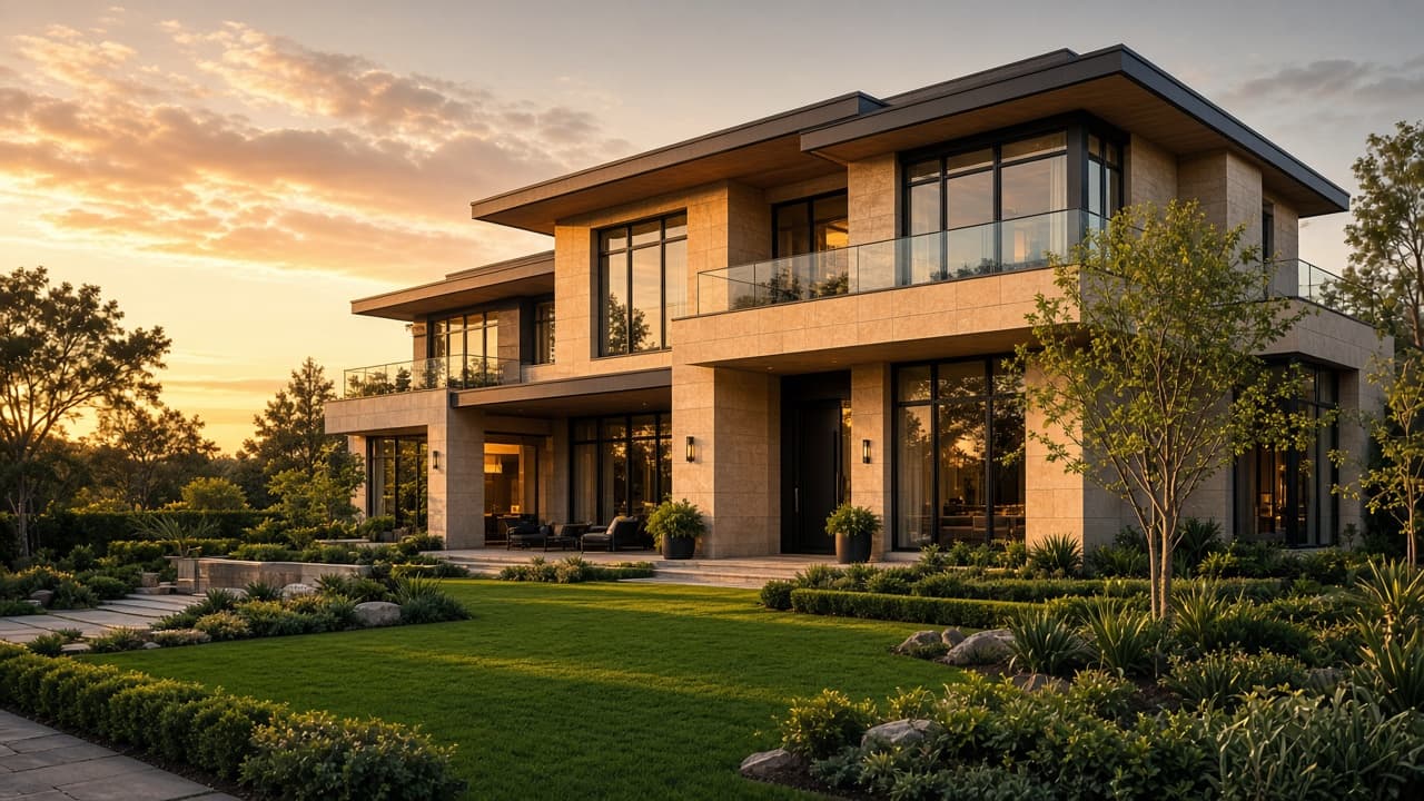 Luxury family home with landscaped garden at golden hour