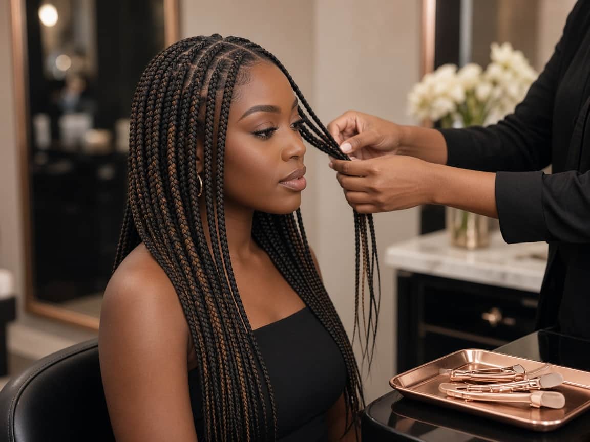 Knotless braids being styled in a luxury salon