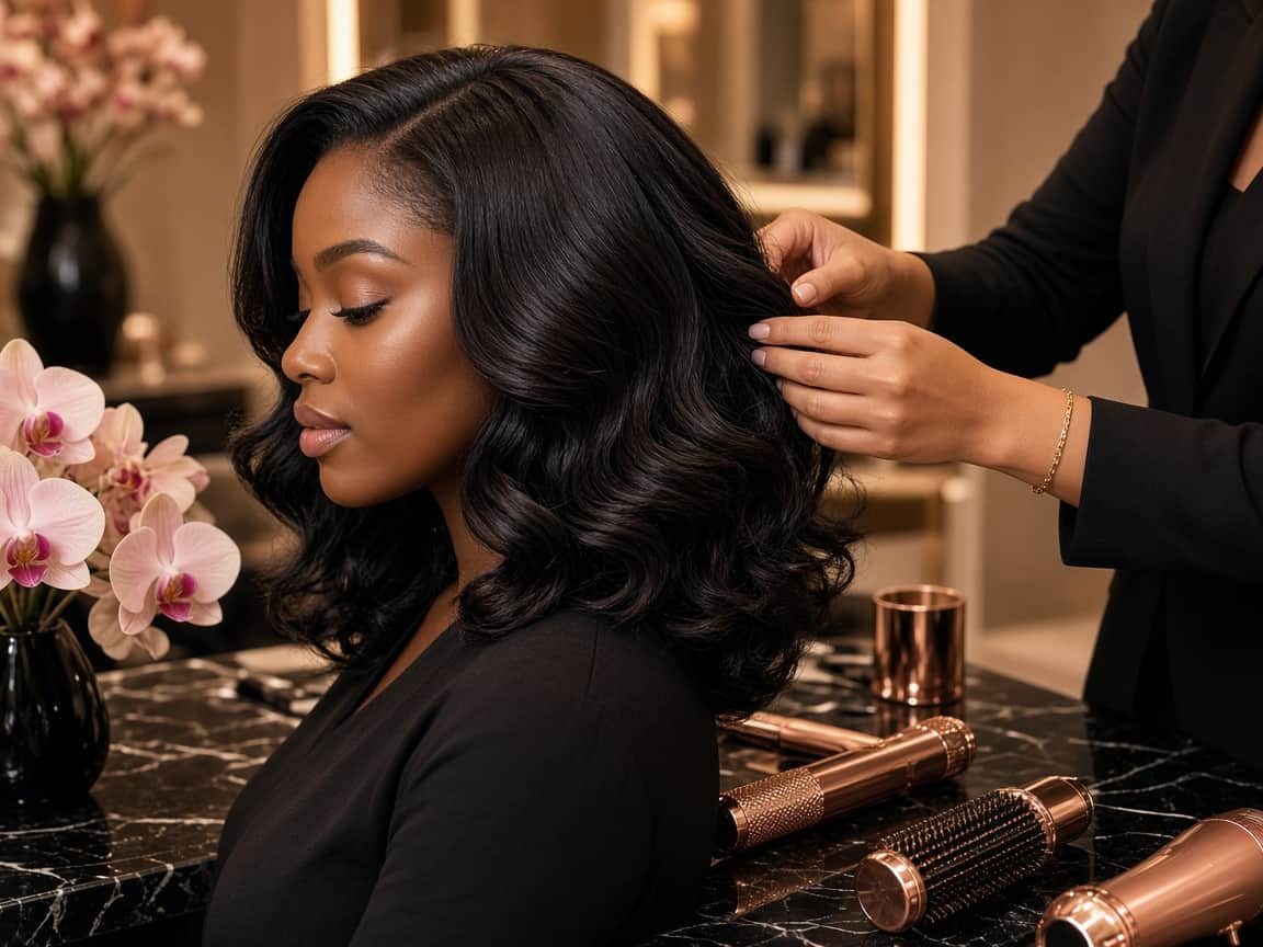 Client receiving a luxury blowout in the salon chair