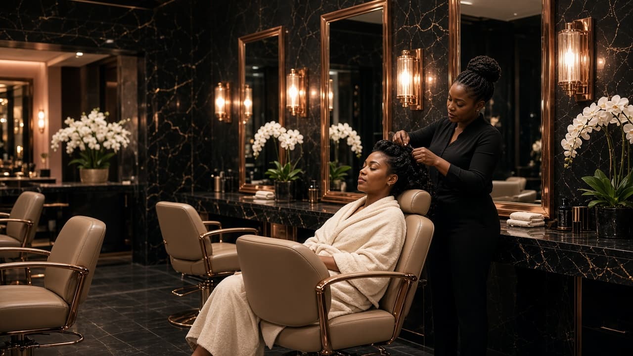 Velvet Glow Beauty Studio salon with rose gold lighting and a client in the chair