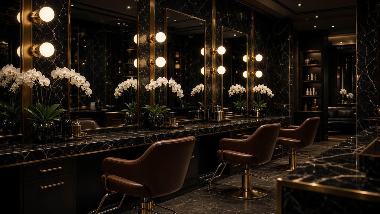 Black marble salon vanities with rose gold lighting and orchids