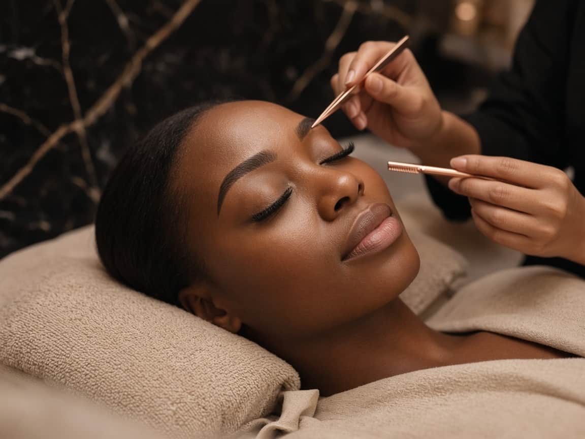 Eyebrow and lash treatment in a beauty studio