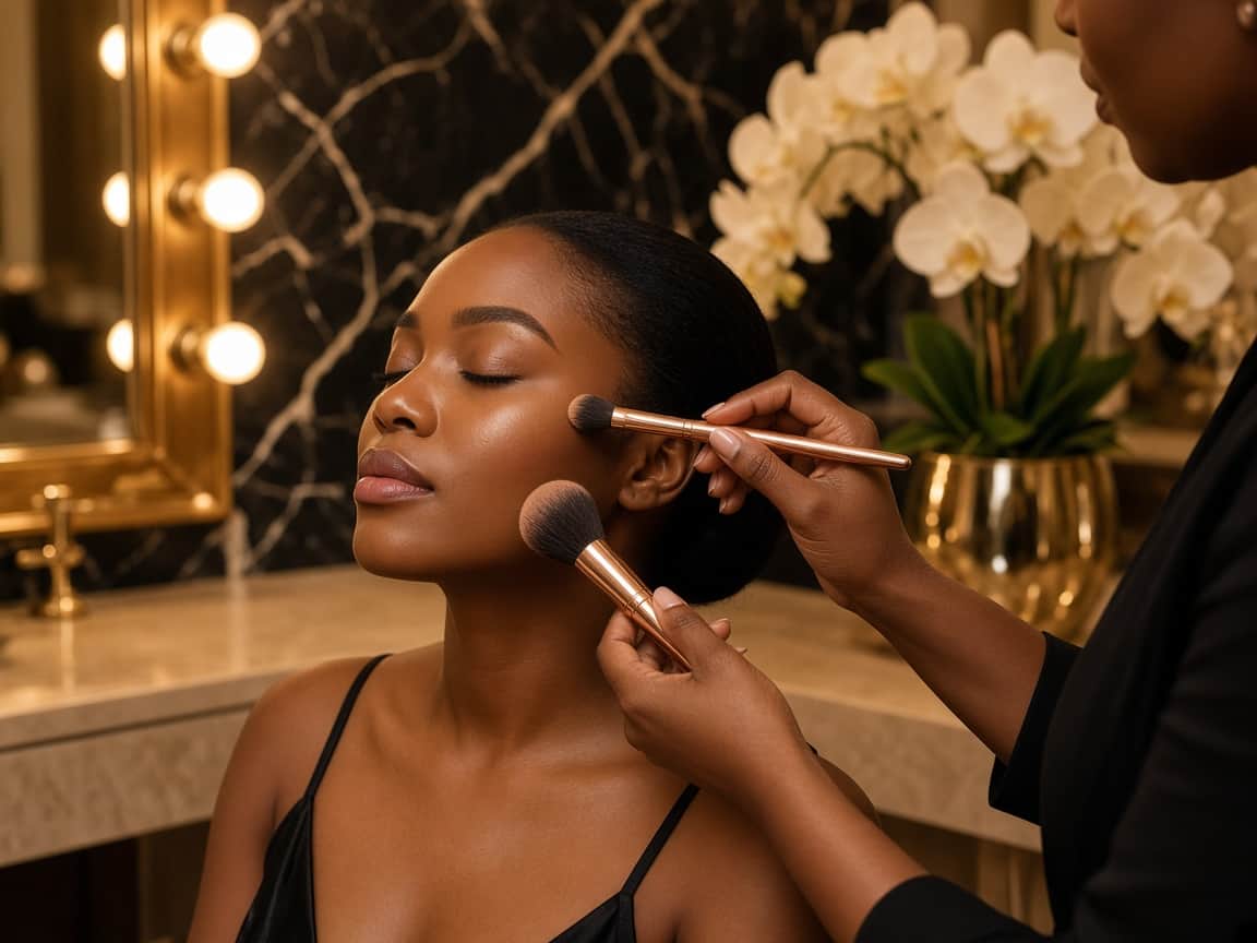 Soft glam makeup being applied in the studio