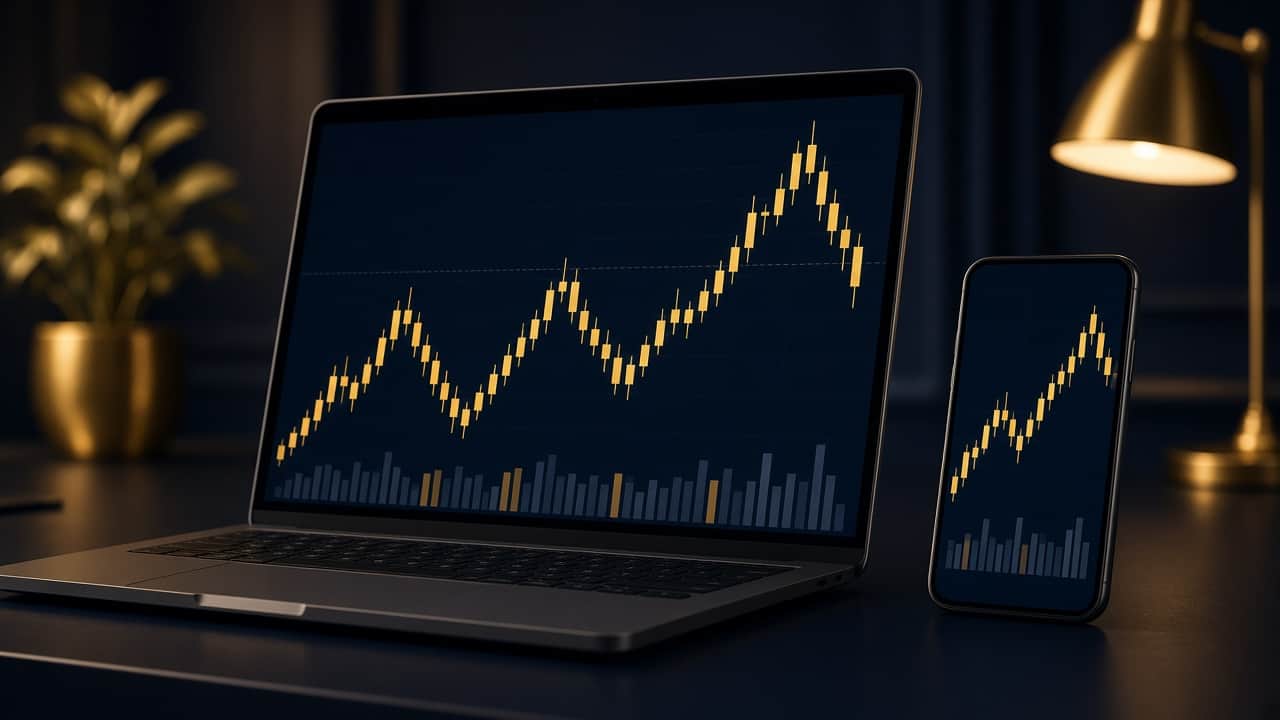 Laptop and phone showing candlestick charts, decorative artwork only